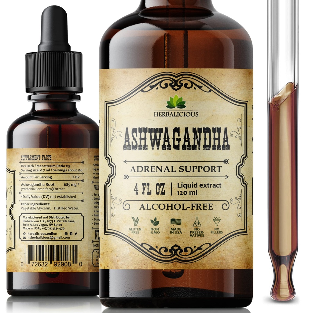 Ashwagandha Supplements – Organic Withania Somnifera Root Extract Liquid Drops – Natural Stress Relief, Mood Booster, Sleep Aid & Calming Support – Non-GMO, Vegan Formula – 4 fl oz