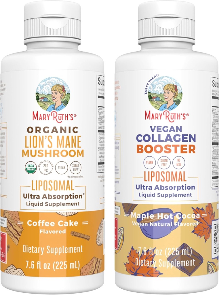 MaryRuth Organics Lion's Mane Liposomal (kaffekake) & collagen Booster Liposomal (Maple Hot Cocoa) Clean Label Project Verifiserte® vitaminer for kognitiv støtte, skjønnhet og felles helse, Vegan, ikke-GMO