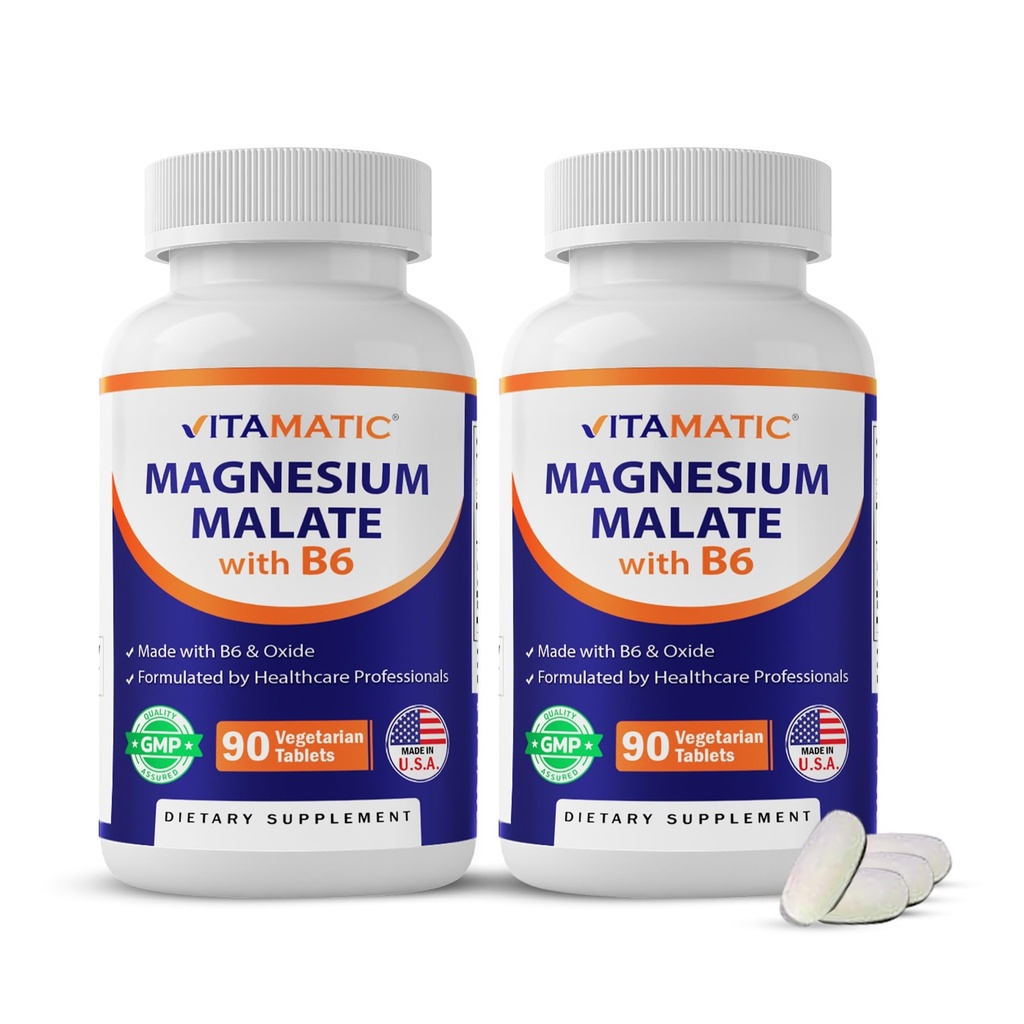 Vitamatic Magnesium Malate 2000mg per Serving - 90 Vegetarian Tablets - Added B6 for Maximum Absorption - Supports Muscle, Joint, and Heart Health* (2 Bottles, Unflavored)
