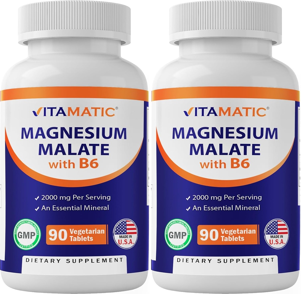 Vitamatic Magnesium Malate 2000mg per servering - 90 vegetariske tabletter - Lagt til B6 for maksimal absorpsjon - støtter muskler, ledd og hjerte helse* (2 flasker, uslavored)