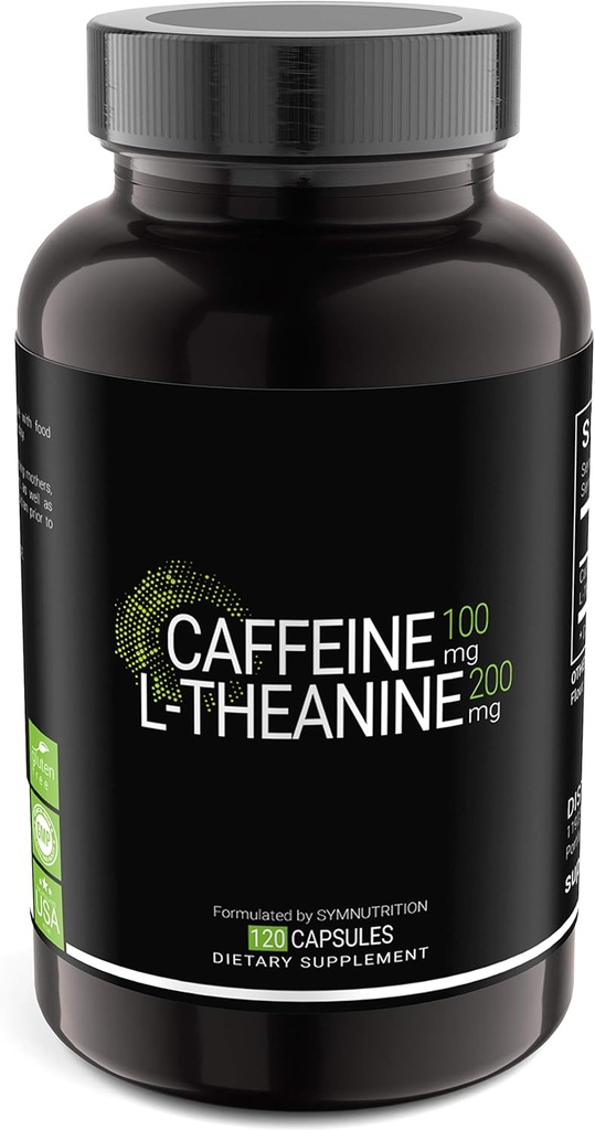 SYMNUTION Cafeine 100mg, L- Theanine 200mg — 120 计数(V-Capules) / 120 服务:在美国CGMP注册设施制造; Vegan & Gluten Free