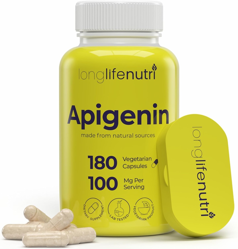 LongLifeNutri Apigenin 100mg – Natürliches Bioflavonoid aus Kamilleextrakt, 180 vegetarische Kapseln, Nahrungsergänzung für Schlaf, Stimmung, & Entspannung, 6-Monat-Versorgung, GMP zertifiziert, Made in USA
