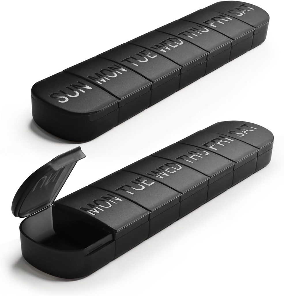 מארגנת גלולות שבועיות גדולות, 2-Pack 7 Day Pill Box with Debossed Labels, Fade Resistant, BPA-Free Translucent Lids (Black & Black)