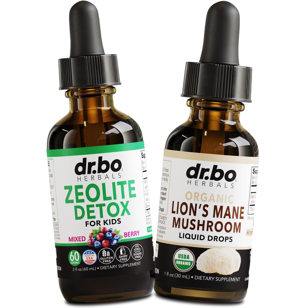 Zeolite Detox & Lions Mane Drops - Zeolite for Kids & Adults with Vitamins B12 & D, Clinoptilolite Gentle Body Daily Detox Cleanse - Organic Lion's Mane Mushroom Liquid Drops for Focus, Fog, Brain