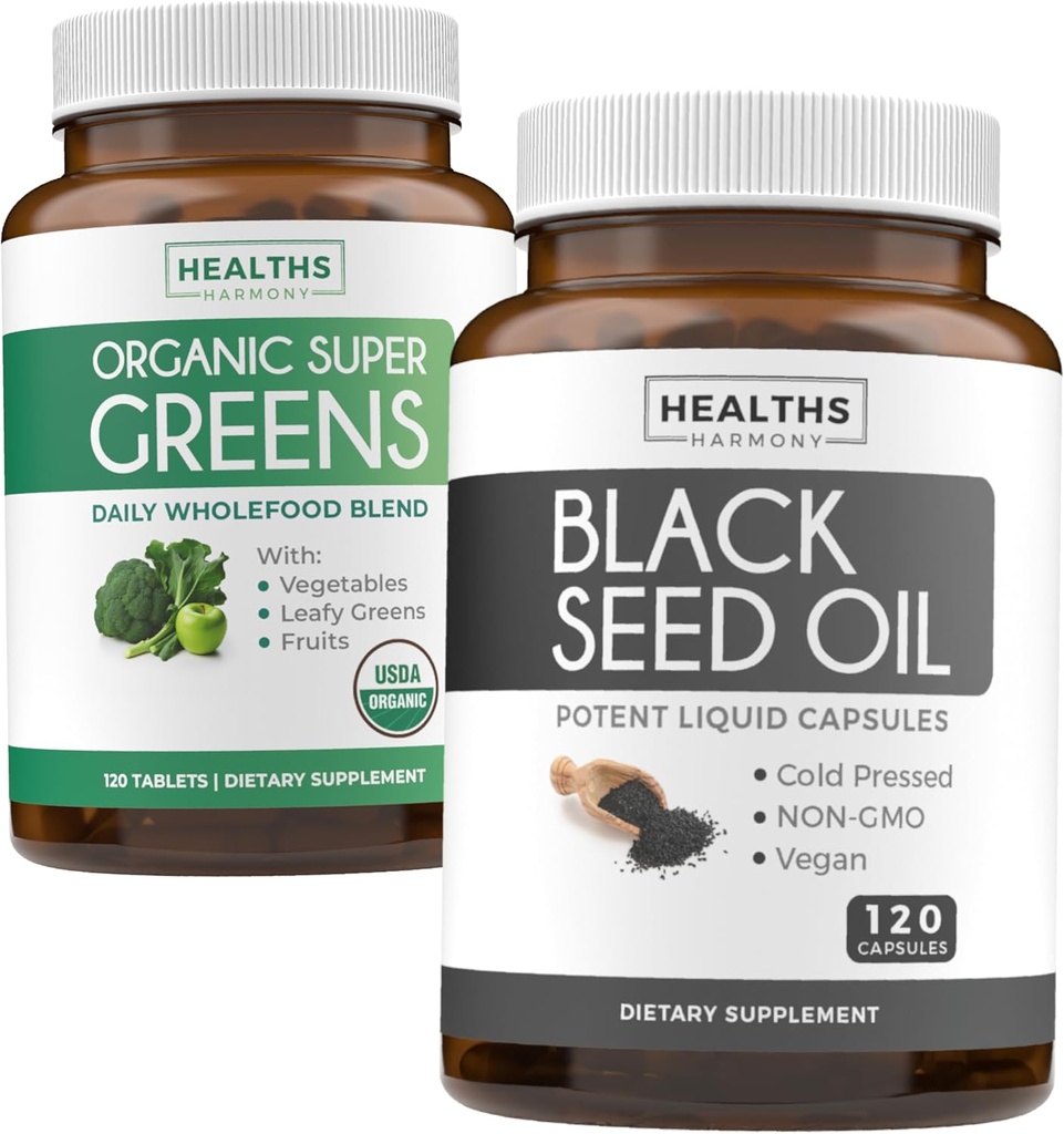 Super Greens & Black Seed (2-Month Supply) Greens Oil Synergy Bundle of Organic Super Greens Powder - Complete Superfood (120 Capsules) & Black Seed Oil - Cold-Pressed Nigeilla Sativa (120 Caps)