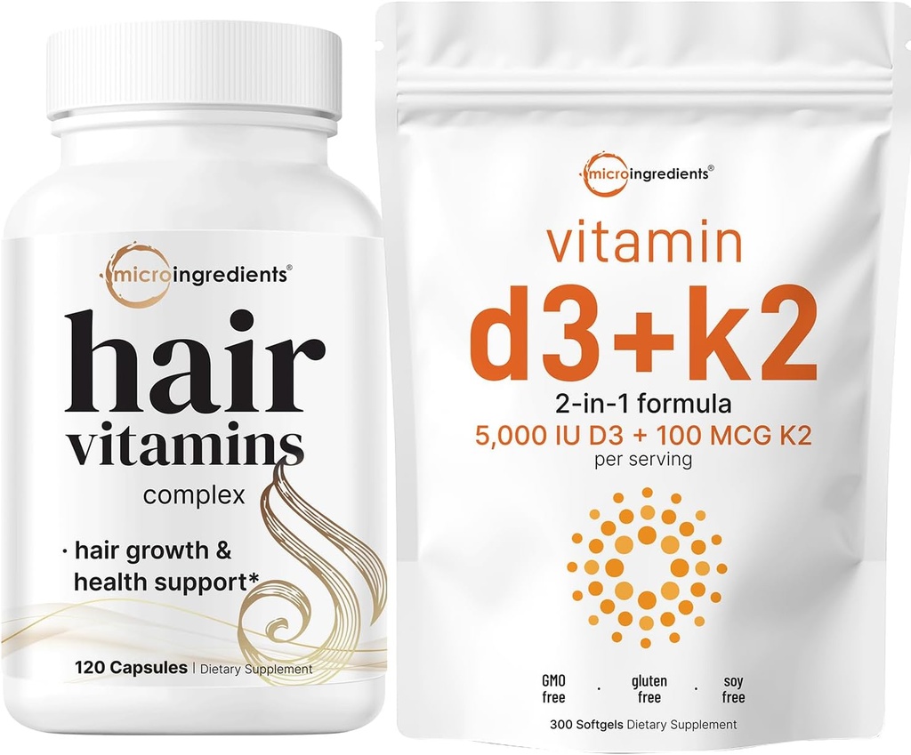 Mikro sestavine Vitamin D3 5000iu + K2 100mcg Softgels & Hair Vitamini Kompleks Kapsule Paket 2 Pakiranje 