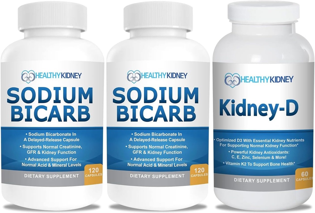 Sodi Bicarbonat 650mg Capsule per a l'ajuda d'àcid, elcalinitat 120 Pils-Pack + Kidney-Dy suplementari. Vitamina D Optimitzat per a la implementació de Kidney.