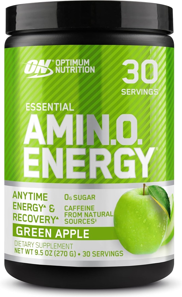 Optimum Nutrition Amino Energy - Pre Workout con té verde, BCAA, Aminoácidos, Keto Friendly, extracto de café verde, enerxía pó - Apple verde, 30 servizos (Packaging May Vary)