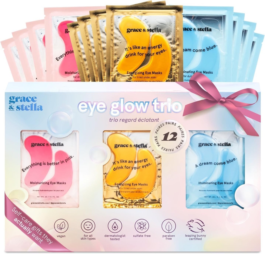 Grazia eta stella Under Eye Patches (12 pare) Begi-maskarak Puffy Eyes and Dark Circle-rentzat - Gauzatzaileak, Gabonetako opariak emakumeentzat - Opariak urtebetetzeetarako, Bachelorette Party, Bridesmaids, Self Care