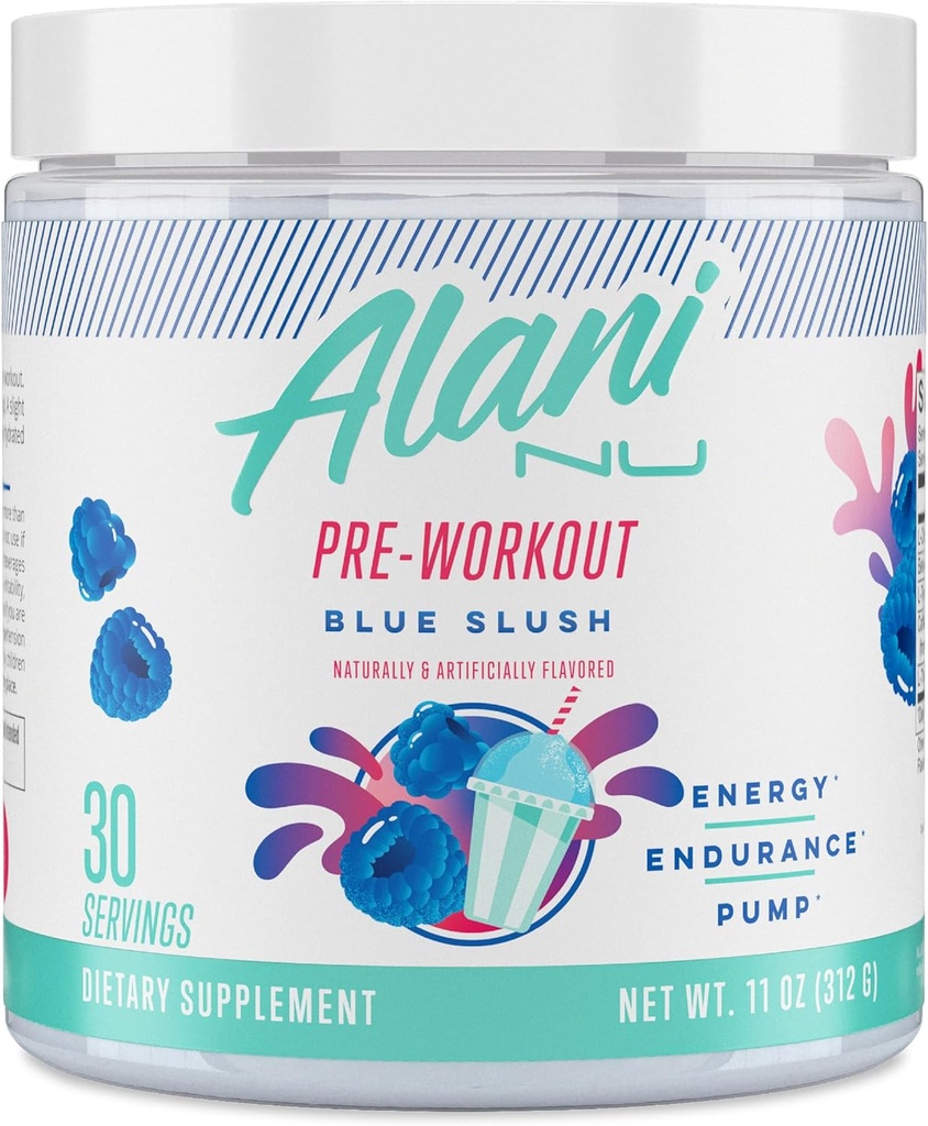 Alani Nu Pre Workout Powder Blue Slush, Amino Energy Boost, Endurance kiegészítés, Sugar Free, 200mg koffein, L- Theanine, Beta-Alanine, L- Citrulline, 30 szerváció
