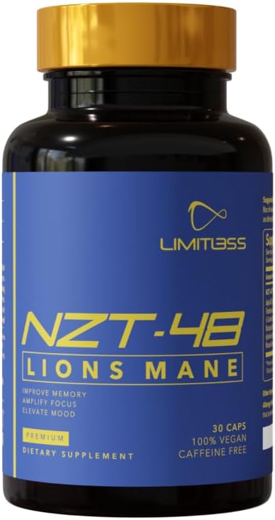 NZT-48 Premium Brain Booster - Lions Mane Supplement Cápsulas - Nootropic Brain Supplements for Memory and Focus - Brain Pills - Natural Energy - Caffeine Free, Phosphatidylserina, 30 Servings