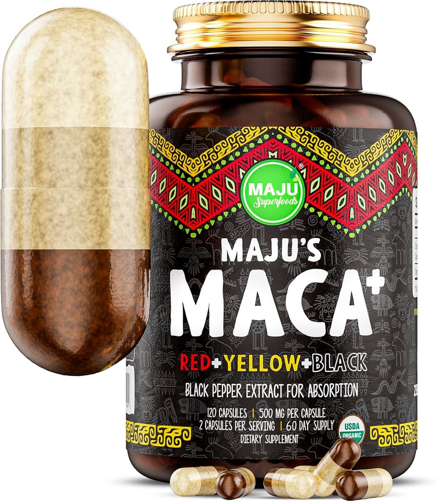 Maju Super Foods 4-in-1 Maca Root Capsules, Magenic Black, Yellow & Red Roots w Black Pepper in Absorption (120 ct) sản phẩm Peru, Peruvian Powder, Men & Women Phụ nữ, 60.000 mg