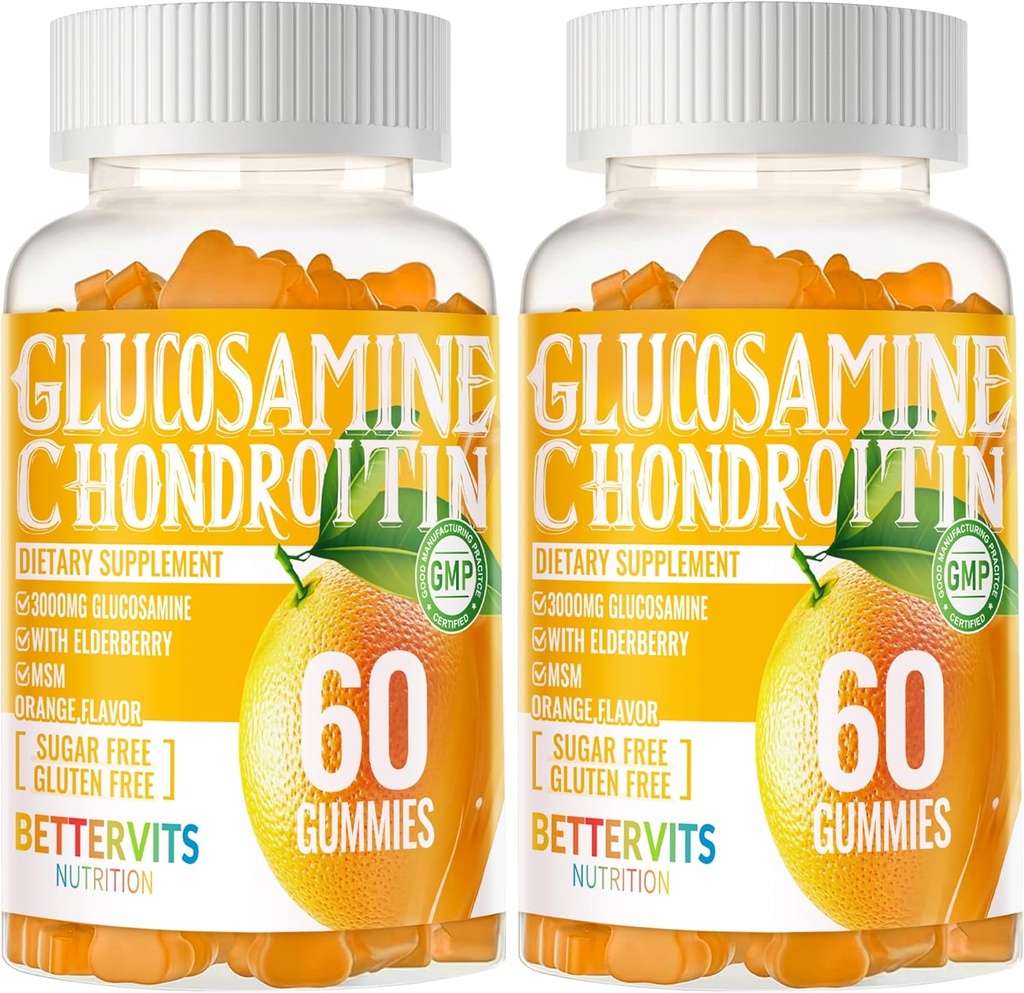 Glucosamine Chondroitin Gummys配有MSM和Melderberry Extra 力量——联合支持,成人、男女抗氧化剂免疫支持补充 120 橙色古米
