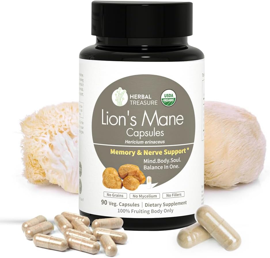 El tresor Lations Mane suplementaris Capsules, fet amb l'organització Lions Mane Powder for Mental Clarity i focus suplementaris, 800mg Lions Mane Powder Orgueic Msh, suplementaris 90 Caps
