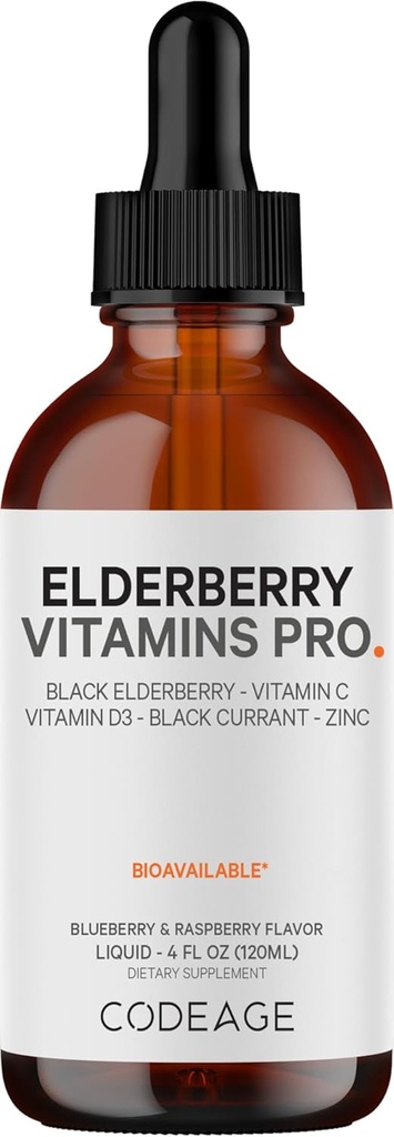 Codeage Elderberry Vitaminlər Pro - Organic Black Elderberry Liquid Drops - Vitamin C, D3, sink, Black Currant - 2-Month Supply - Black Sambucus Liquid - Yetişkin və Uşaq üçün əlavə - 4 fl oz