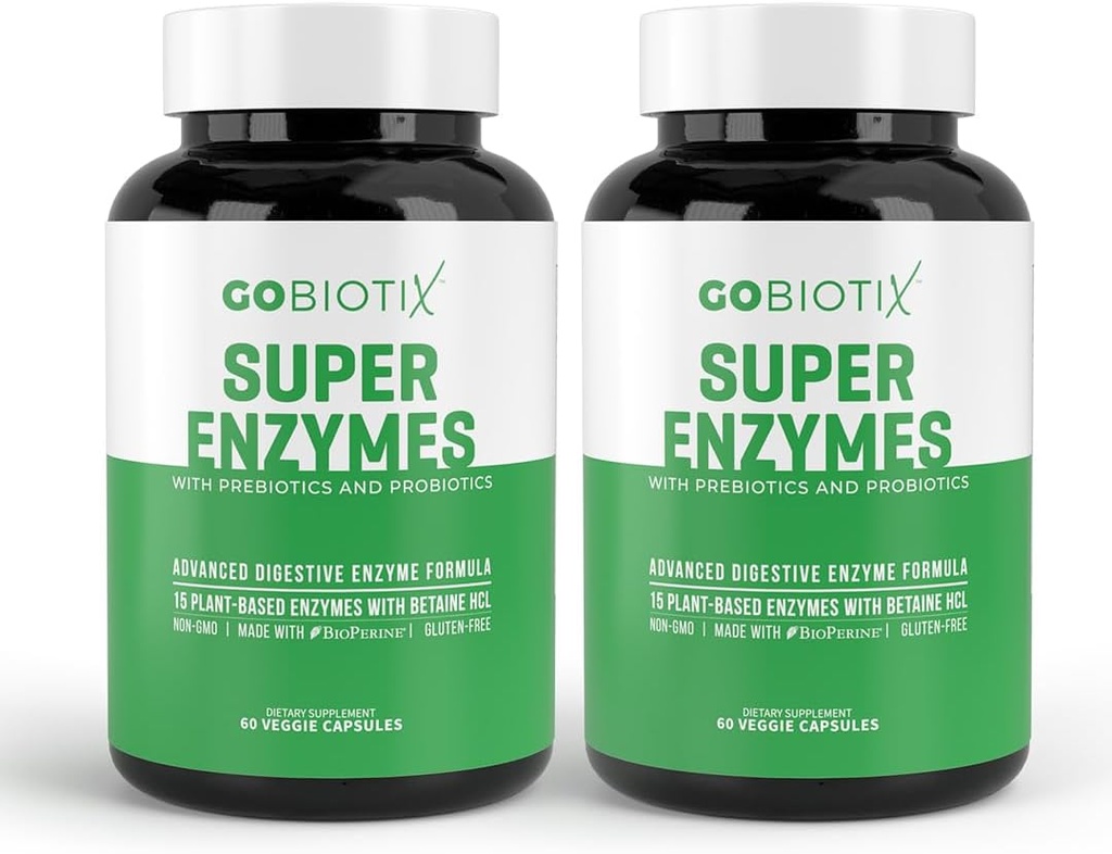 GOBIOTIX Prebavne encime Dopolnilo s prebiotiki in probiotiki za ženske in moške - Gut zdravje, Gluten prebava, Laktoza Absorpcija, Rastlinske dietne tablete - 120 kapsul