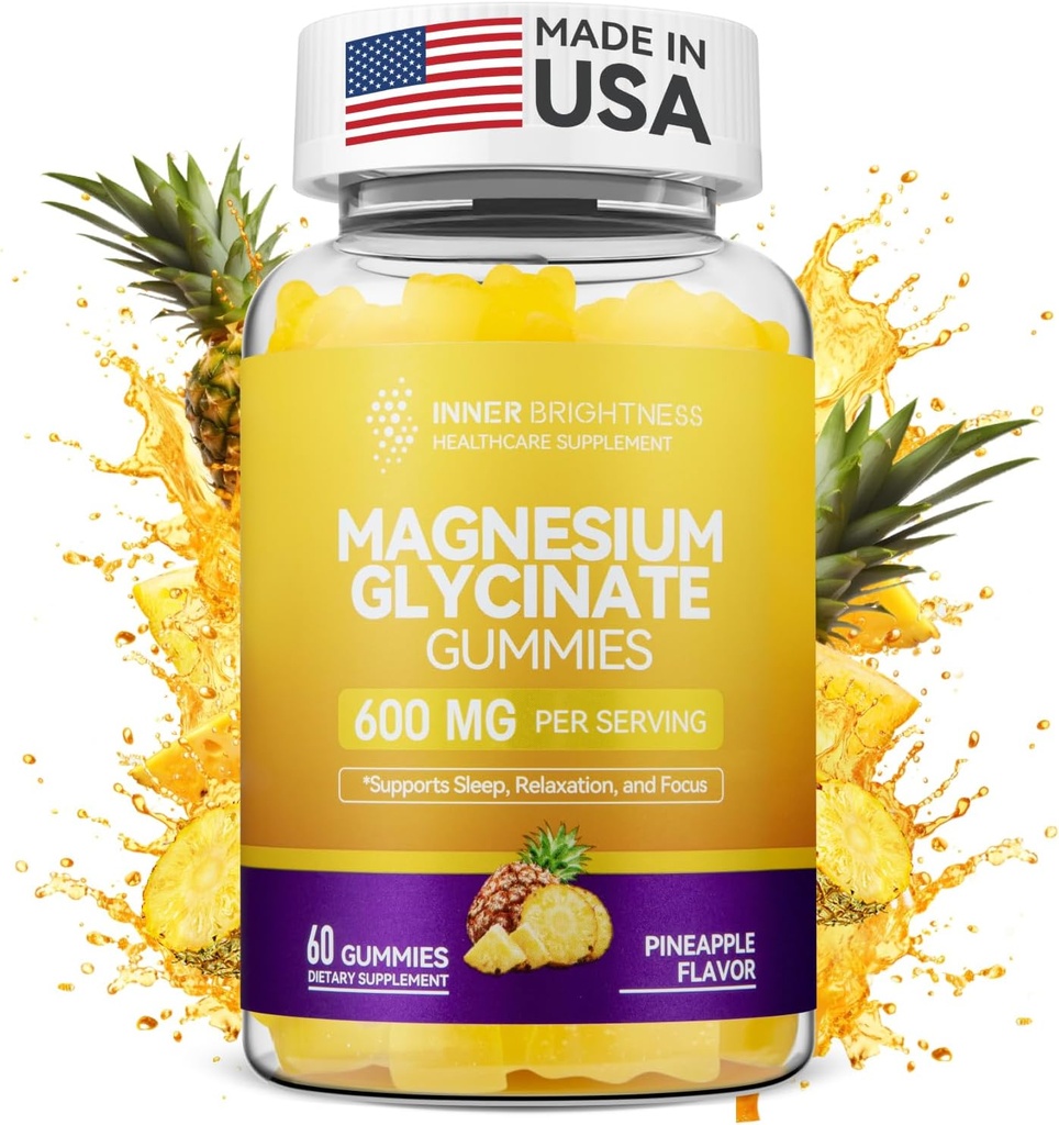 Magnézium Glicinate Gumies 600mg, Non-GMO, gluténmentes, Magnézium Gumies felnőttek és gyerekek számára, alvás, relaxáció és fókusz, ananászízű, 60 gróf