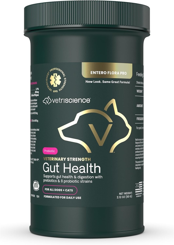 VetriScience Veterinary Strength Gut Health Powder - Gut Health Supplement for Kæledyr - Immunity Support - Petro-Friendly Probiotic Powder - Tastløs & Odorless - 60 Servere