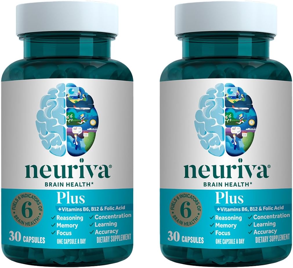 NEURIVA Plus Brain Supplement for Memory, Focus & Concentration + Cognitive Function with Clinicly Tested Nootropics Phosphatidylserine and Neurofactor, VIT B6 & B12, 30 Count Capsules (2 Pack)