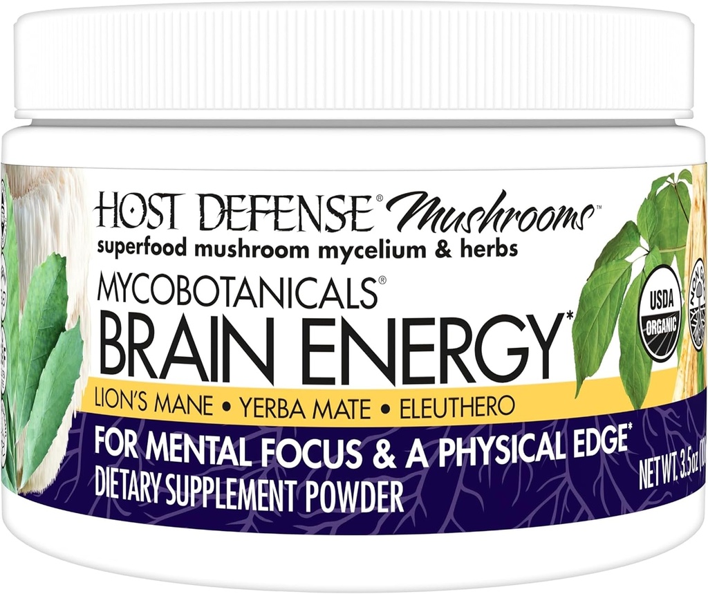 Host Defense MycoBotanicals Brain Energy* Powder - Brain & Focus Support Supplement mit Lion's Mane Mushroom - Nahrungsergänzung mit Yerba Mate für Energieunterstützung - 3.5 oz (33 Servietten)*