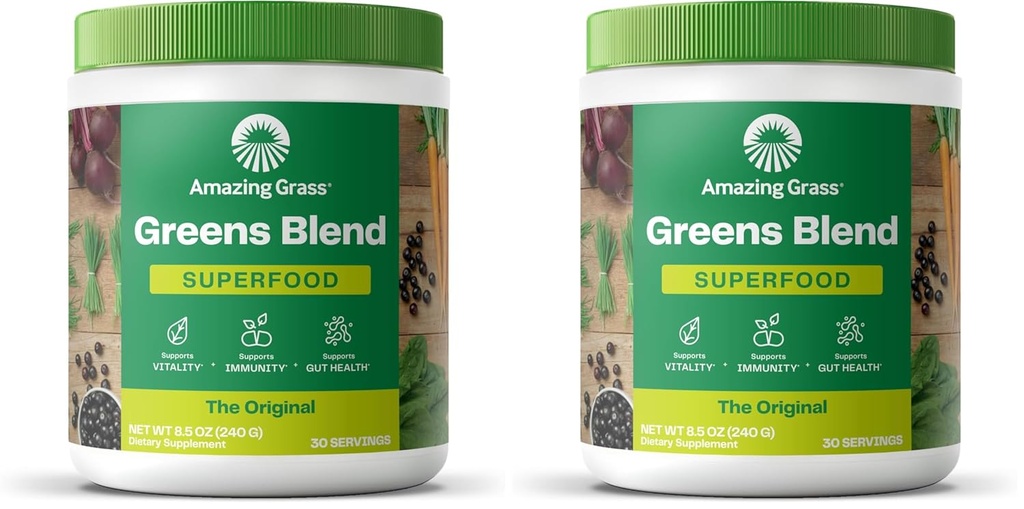Bundle of Amazing Gras Superfood Powder: Greens Powder with Digestive Enzymes " Probiotics, Organic Spirulina, Chlorella, and Beet Root Powder, Original, 30 Servings (60 Total Servings)