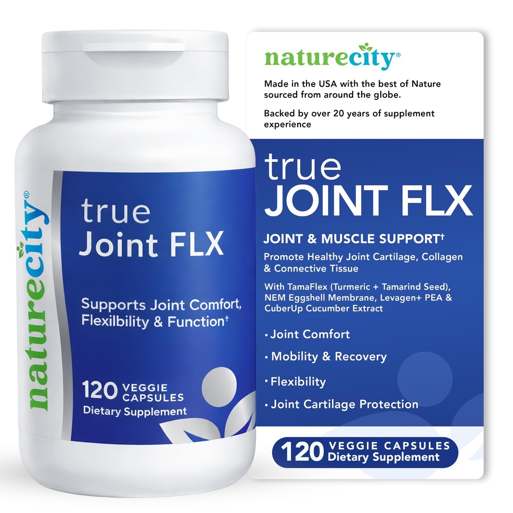NatureCity True-Joint FLX Joint Supplement Formula (120 Capsules) | TamaFlex, NEM Eggshell Membrane, Levagen+ PEA & CuberUp | Supports Joint Comfort, Flexibility, Mobility, Function & Cartilage Health