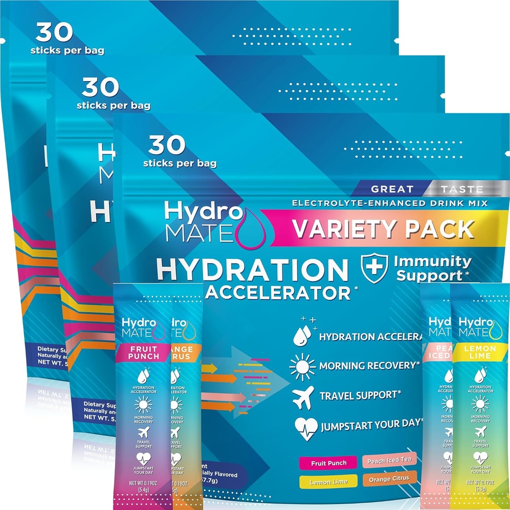 HydroMATE Electrolyte pulver Variety Pack Bulk Hydration Packets Lav Sukker 90 greve