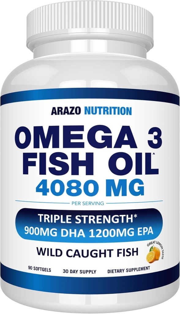 Arazo Nutrition Wild Caught Omega 3 Fish Oil - 90 Soft Gels – 4,080mg High EPA 1200mg DHA 900mg Limon Flavor Burpless Softgels
