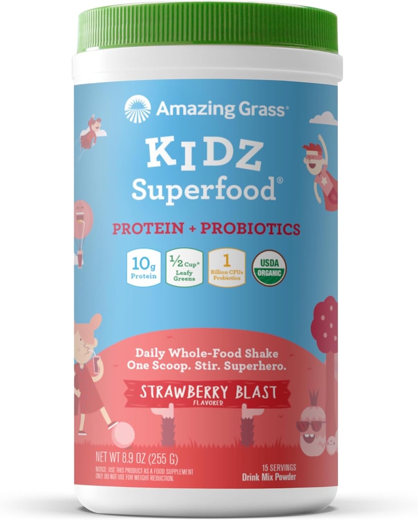Amazing Grass Kidz Superfood: Vegan Protein & Probiotics for Kids with Beet Root Powder & 1 / 2 Cup of Leafy Green, Strawberry Blast, 15 Servings