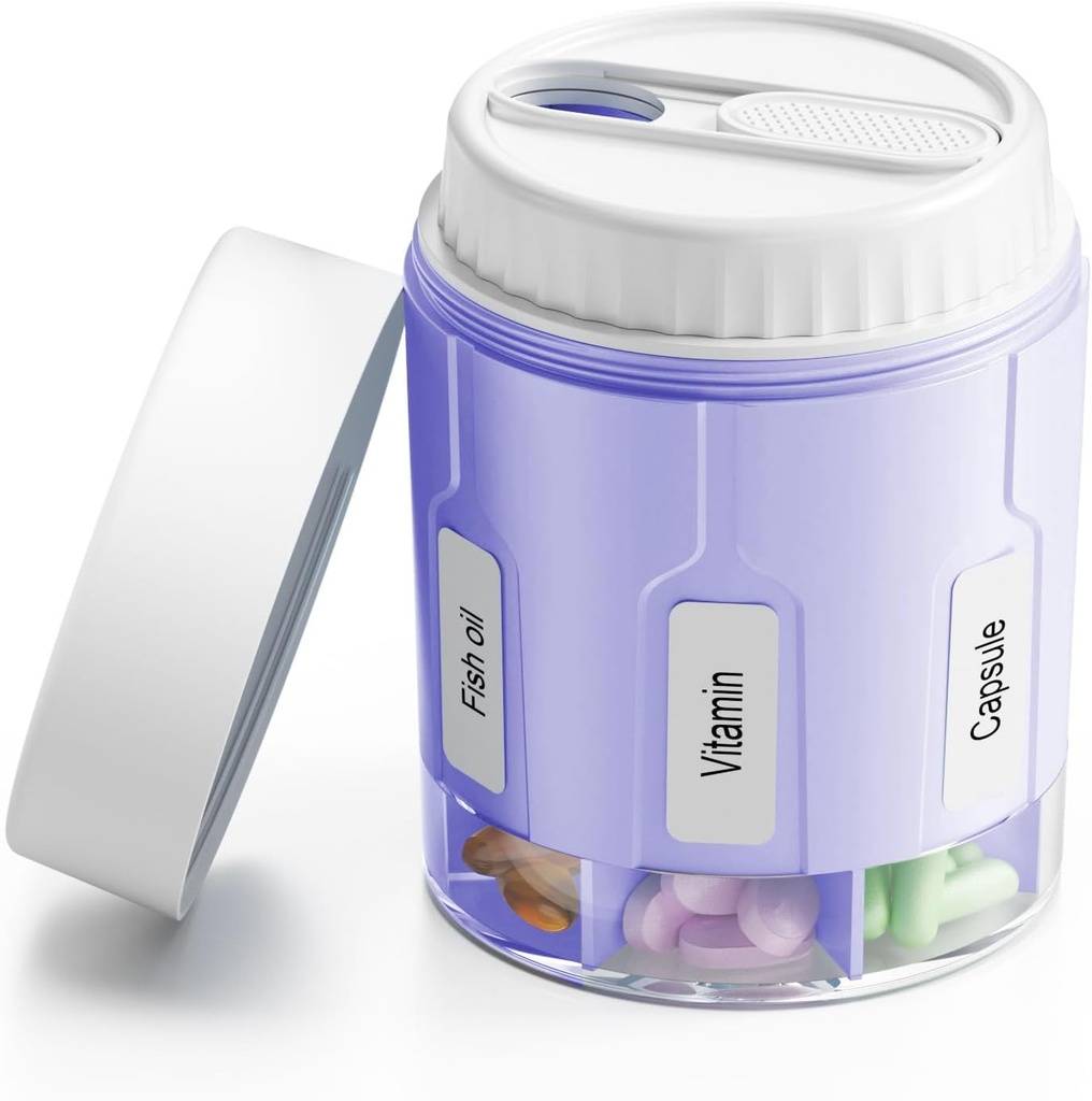 Daviky Pill Pudeli Korraldaja, Täiendus Korraldaja 7 Suurt Komparts, Travel Pill Dispenser Ümmargune Pill Box Kaks Lids (Purple)