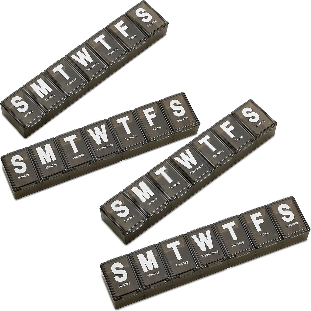 Weekly Pill Organizer - (Pack of 4) Extra Stor Vitamin Container med Jumbo Lätt att läsa Brev, BPA Gratis - Daglig Resa 7 Dag Medication Pill Box Case, (Black)
