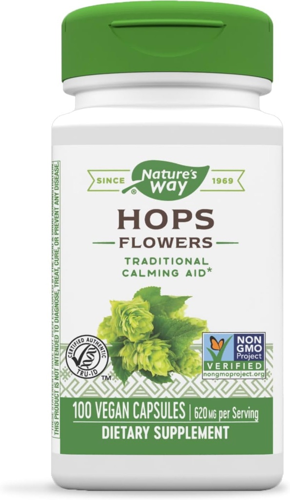 Naturaren Bidea Hops Flowers - Lasaitzeko Laguntza Tradizionala* - 620 mg Hops Flowers per 2-capsule - Herbal Supplement - Vegan, Gluten Free & Dairy Free - 100 kapsula