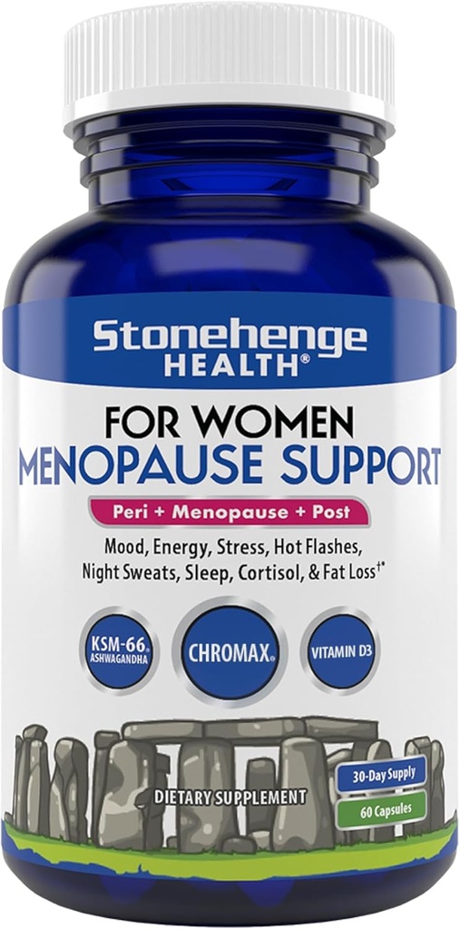 Stonehenge Health for Women Menopause Support för Peri + Menopause + Post - Mood, Energy, Stress, Hot Flashes, Night Sweats, Sleep & Cortisol, Chromax Chromium, Vitamin D3, KSM-66 Ashwagandha Extract