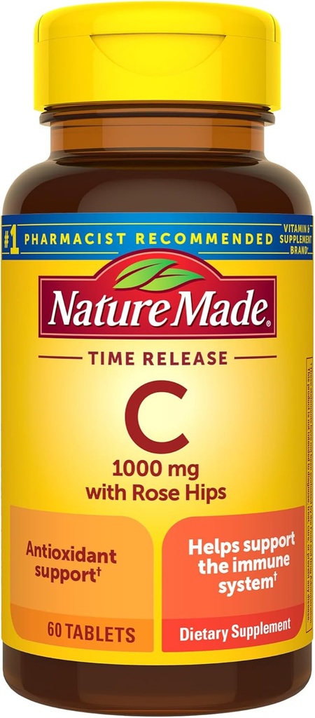 Nature Made Vitamina C 1000 mg com Rose Hips, Suplemento dietético para suporte imunológico, 60 comprimidos de liberação de tempo, suprimentos de 60 dias