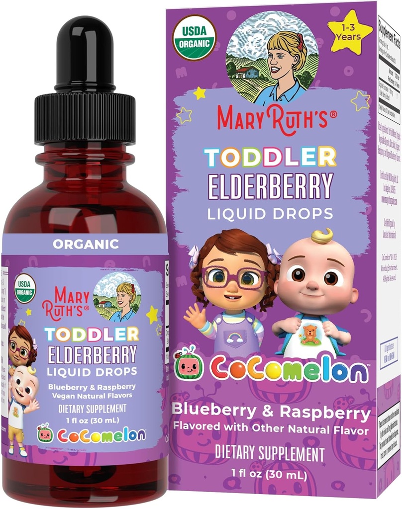 MaryRuth Organics Cocomelon Kleinkind Elderberry Syrup, USDA Organic Elderberry, Sugar Free Kids Immun Support Supplement für Alter 1-3 Jahre, Clean Label Project Verified®, Vegan, Gluten Free, 1 Fl Oz