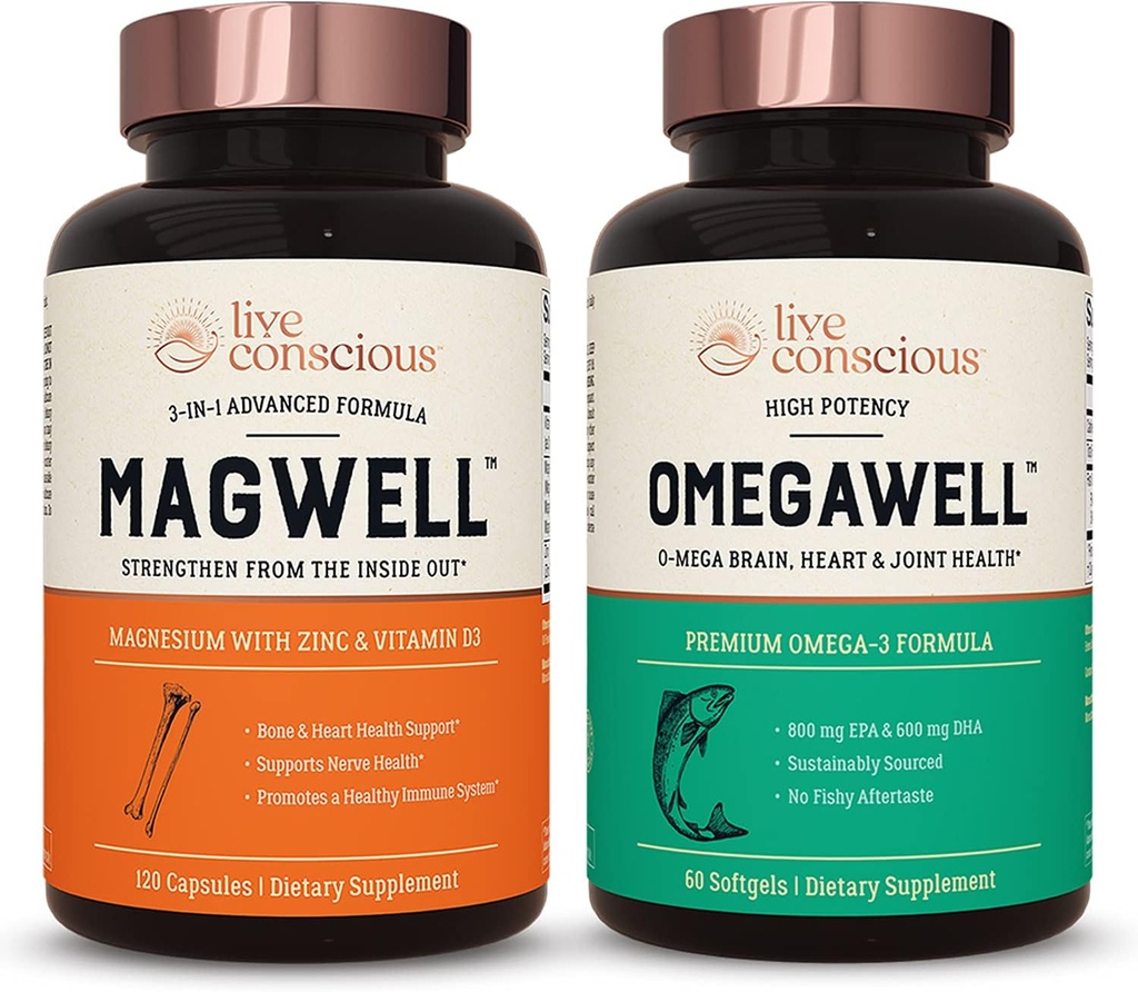 Live Concious OmegaWell Fish Oil & MagWell magnesio Zinc & Vitamin D3 | Bone & Heart Health, Immune System Support + Heart, Brain & Joint Support