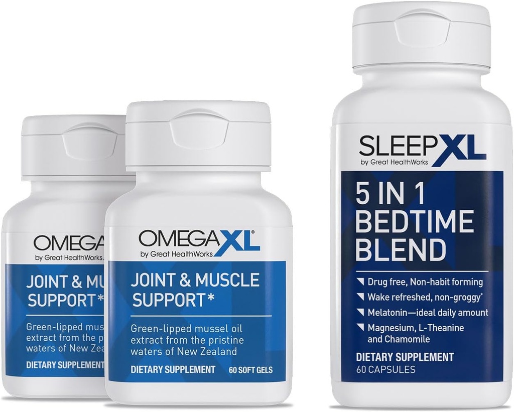 OmegaXL联合救济补充——天然肌肉支持,60 Softgel(2 Pack) & SleepXL 即时释放melatonin,L-Theanine (Calming),Chamomile,Magnesium & B6 (60 Vegan Capsules)