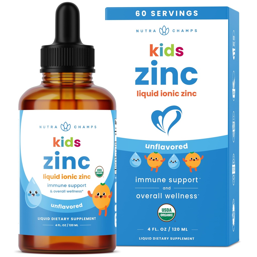 NutraChamps Liquid Zinc Drops for Kids, Ionic Zinc Drops Enhanced with Vitamin C for Children, Sugar-Free 4 oz, Vegan & Non-GMO, Unflavored, 60 Servings, 2 Month Supply