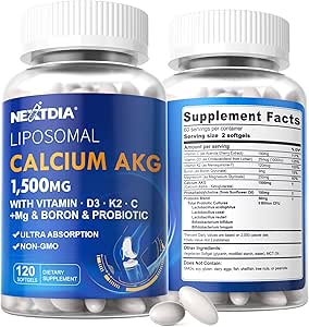2 Pack Liposomal Calcium AKG Supplement 1500mg with Vitamin D3 & K2 for Women & Men, Calcium Supplement with Magnesium Glycinate, Boron, Probiotics & Vitamin C for Bone Strength & Energy, 240 Softgels