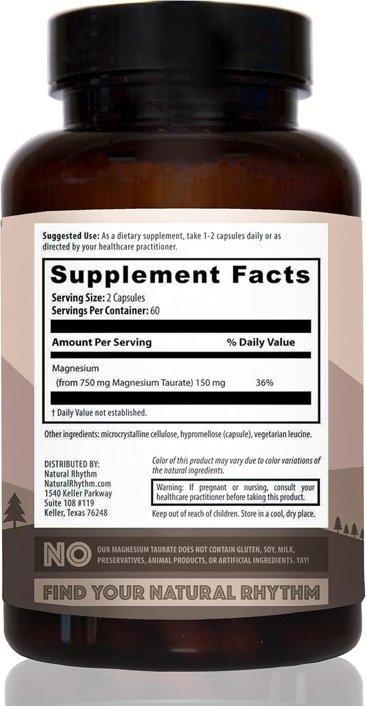 Natural Rhythm Magnesium Taurate 120 Capsules + Vitamin D3 + K2 (MK7) 30 Capsules Bundle