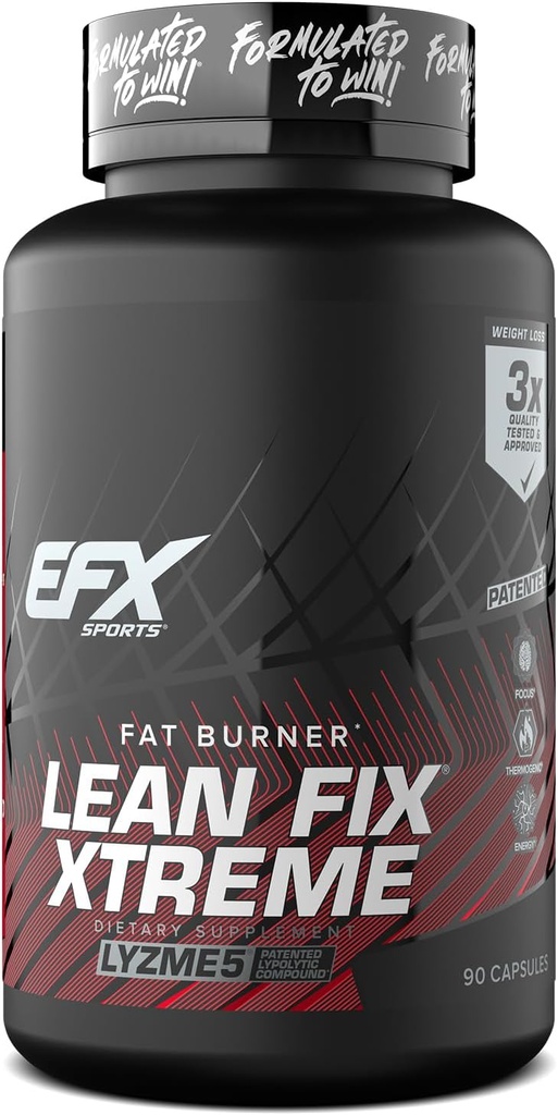 EFX Sports Lean Fix Xtreme | Suplemento de perda de peso | Multi-Patented, Fórmula de queima de graxa | alimentado por Lyzme 5 | 30 servizos, 90 cápsulas