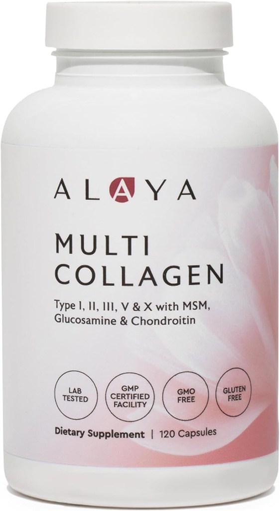 Alaya Naturals Hydrolyzed Multi Collagen Peptides Protein капсули - тип I, II, III, V, X Grass-Fed Equipment, Chicken, Marine Collagen Addition with MSM + GC (Capsules - 120 Count)