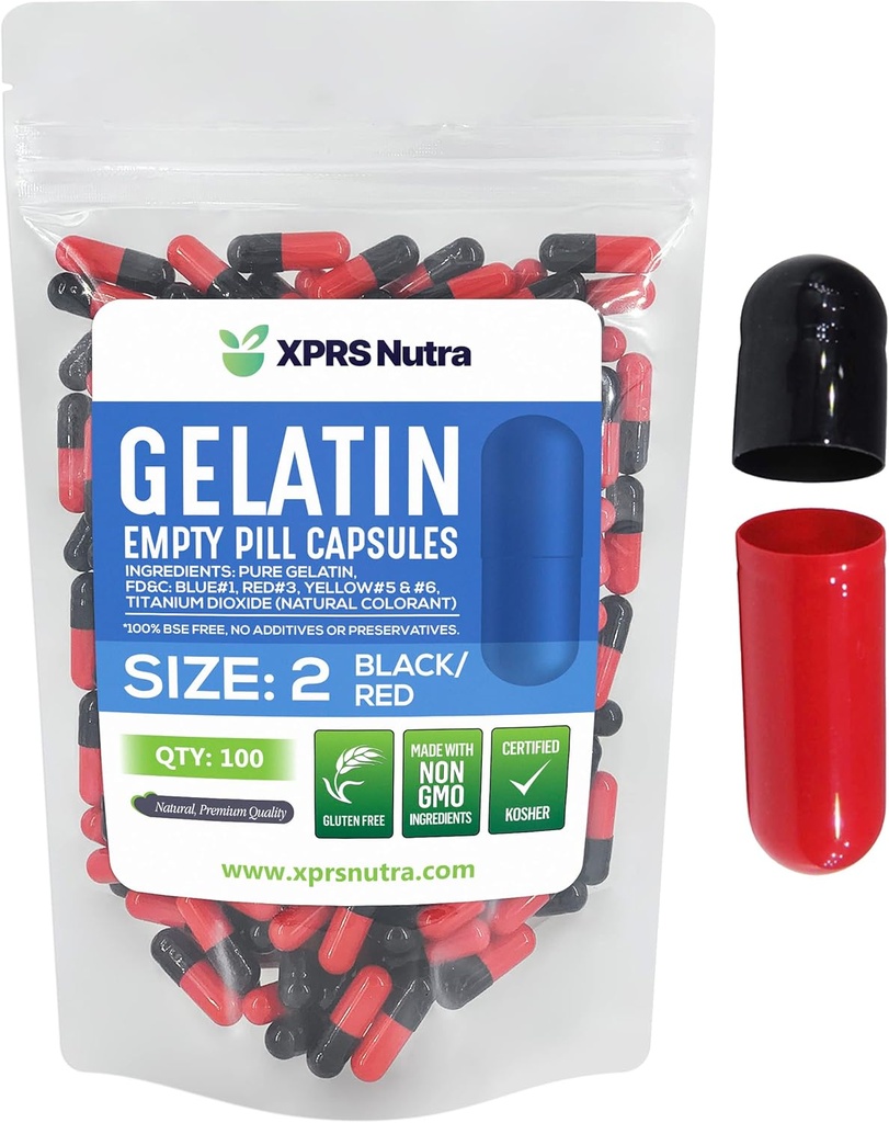XPRS Nutra Size 2 Empty Capsules - 100 Count Empty Gelatin Capsules - Pills DIY Capsule Filling - Pure Bovine Pill Gel Caps for Do-It-Yourself Supplements (Black/Red)
