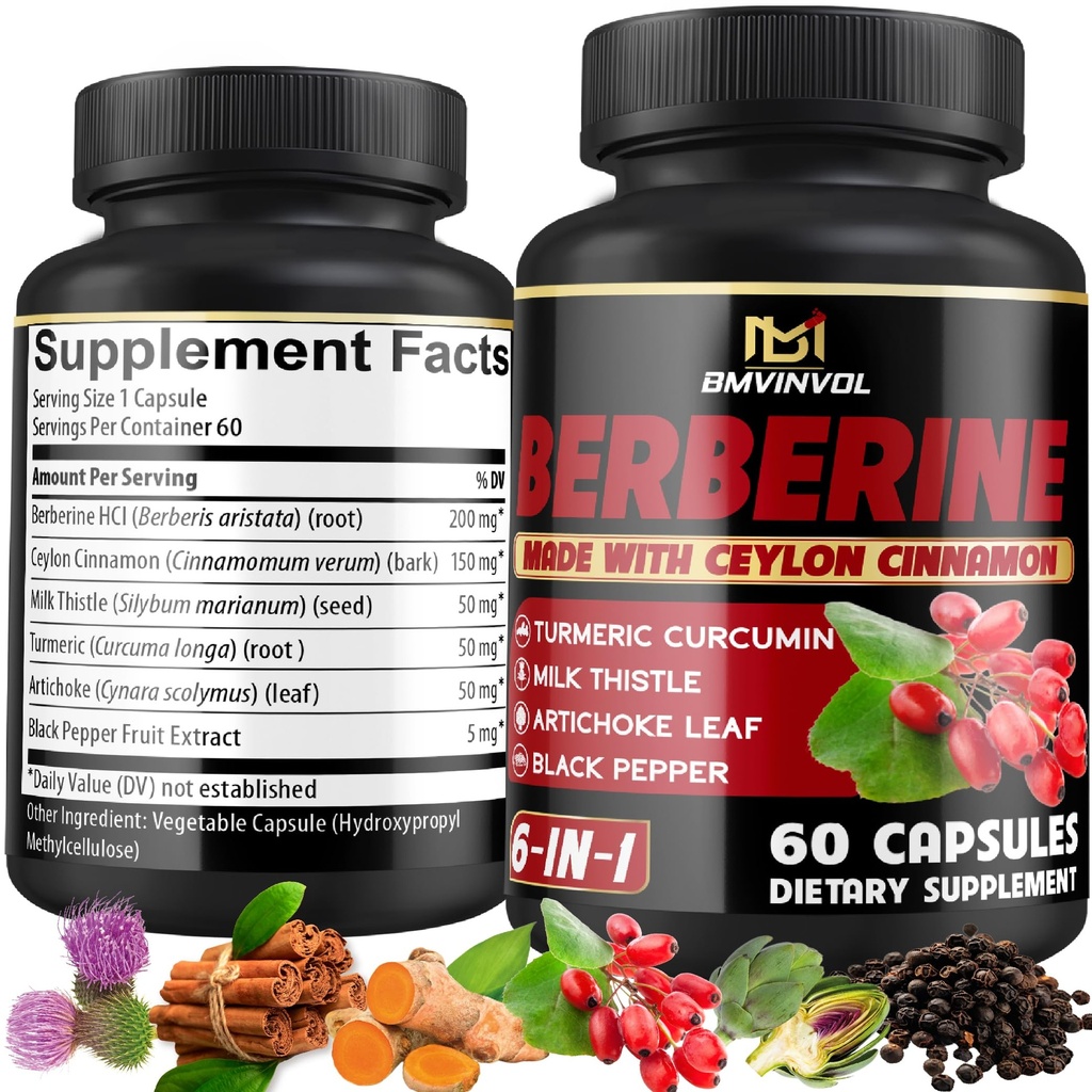 Berberine Supplement with Ceylon Cinnamon, Turmeric, Artichoke, Milk Thistle - Berberine HCl Supplement Pills - 60 Capsules [2-Month Supply]
