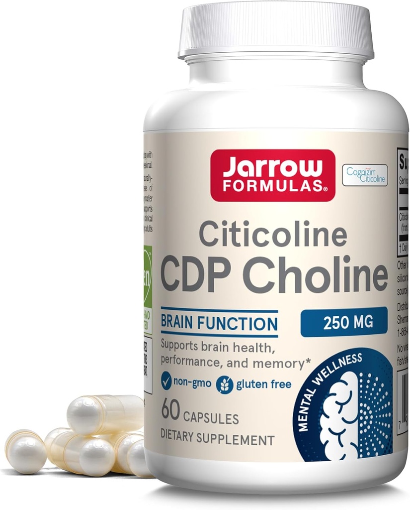 Jarrow Formulas - CDP-kolinkapslar - 250 mg - 60 greve - Citicoline CDP-kolintillskott - För minne och hjärnhälsa stöder fosfatidylkolinsyntes - icke-GMO - Glutenfri