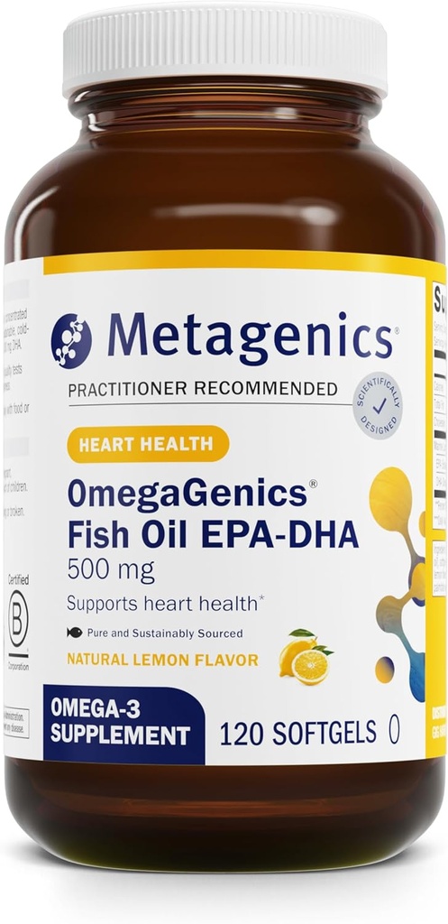 Metalgenics OmegaGenics EPA-DHA 500 - Petroli de peix alt potència suplementari per a Salut Cardiocular * - Saturablement codificat i provada - No-GMO-Free - 120 Softgelis