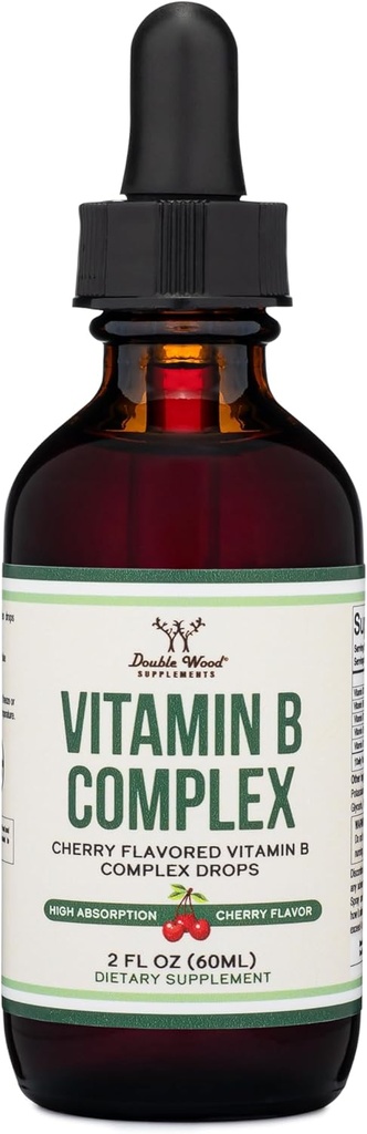Double Wood Supplements Tekoči vitamin B Complex - 2 meseca dobave - Max Absorpcija - B3, B6, B7 (Biotin), B9 in vitamin B12 - Cherry Flavor - 2 FL OZ