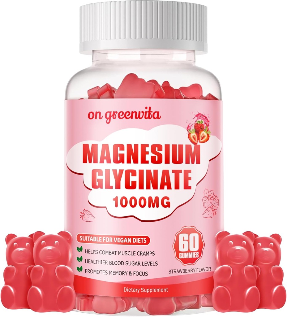 Magnesio Glycinate Gummies 1000mg - Zucchero Gratuito Magnesio Potassio Supplemento con Vitamina D, B6, CoQ10 per Calma Mood & Sleep Support - 60 Gummie di Fragola