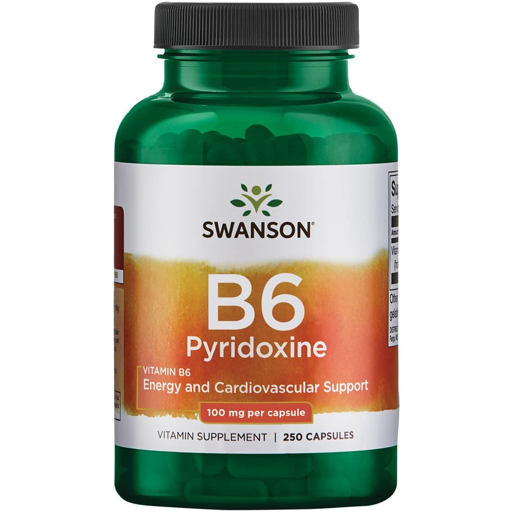 Swanson B6 Pyridoxine - Vitamin Supplement Promoting Cardiovascular Health & Energy Metabolism - Natural Formula Promoting Overall Wellness - (250 Capsules, 100mg Each)