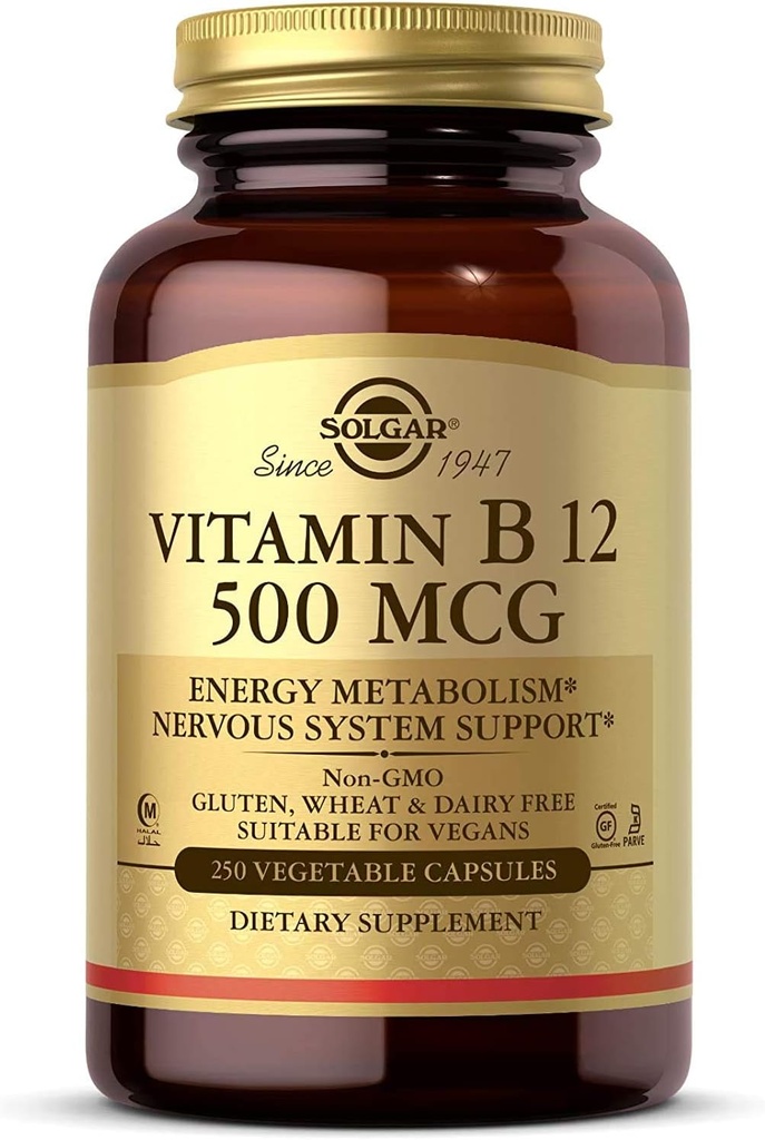 Solgar Vitamin B12 500 mcg, 250 Vegetable Capsules - Energy Metabolism - Nervous System Support - Promotes Heart Health - Non-GMO, Vegan, Gluten Free, Dairy Free, Kosher, Halal - 250 Servings